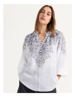 Placement Paisley Print High Neck Button Blouse White