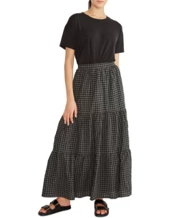 Cleo Tiered Midi Skirt Khaki Black Gingham