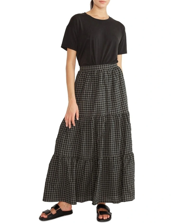 Cleo Tiered Midi Skirt Khaki Black Gingham 3 Cleo Tiered Midi Skirt Khaki Black Gingham