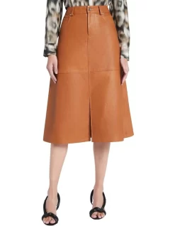 Aura Leather Midi Skirt Toffee