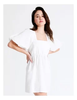Square Neck European Linen Blend Mini Dress In White