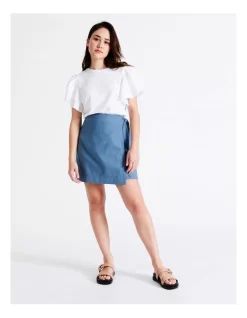 European Linen Blend Wrap Mini Skirt In Chambray