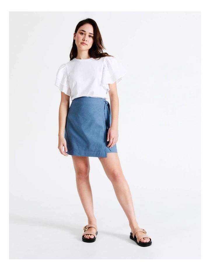 European Linen Blend Wrap Mini Skirt In Chambray 3 European Linen Blend Wrap Mini Skirt In Chambray