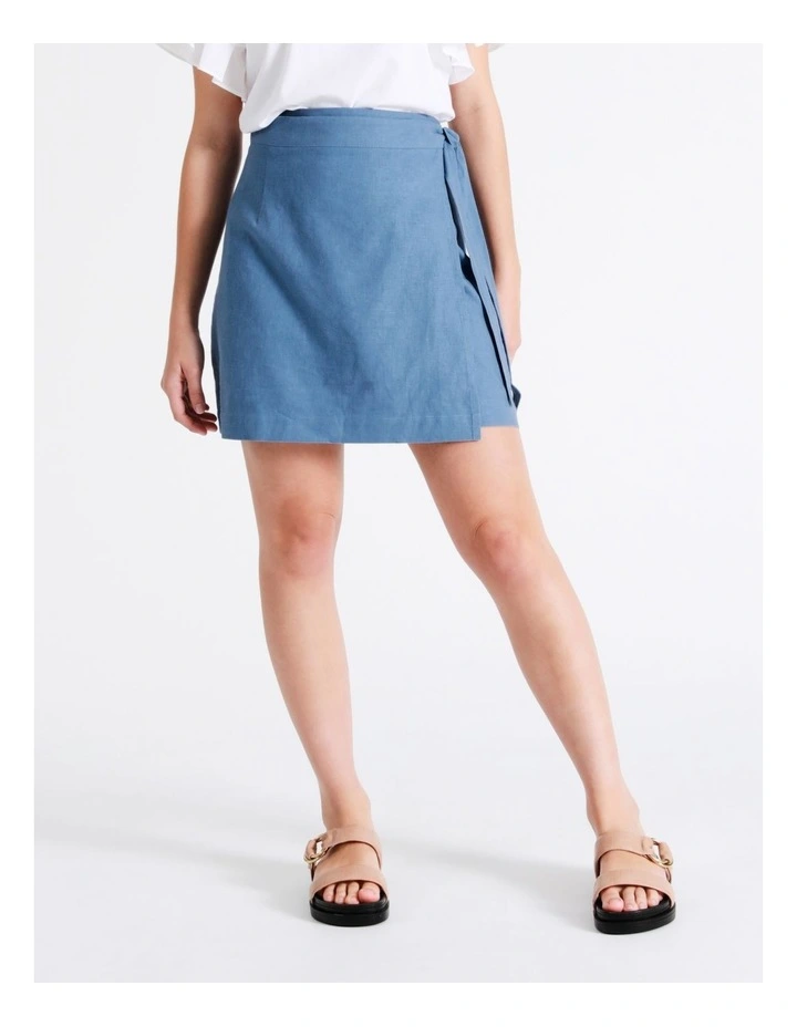 European Linen Blend Wrap Mini Skirt In Chambray 4 European Linen Blend Wrap Mini Skirt In Chambray - Image 2