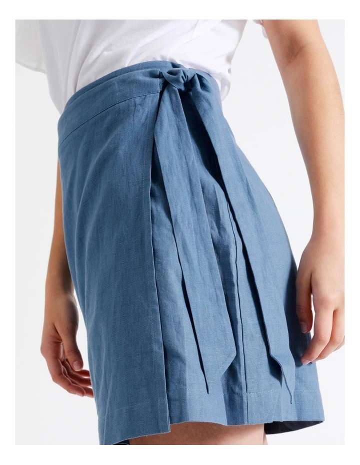 European Linen Blend Wrap Mini Skirt In Chambray 8 European Linen Blend Wrap Mini Skirt In Chambray - Image 6