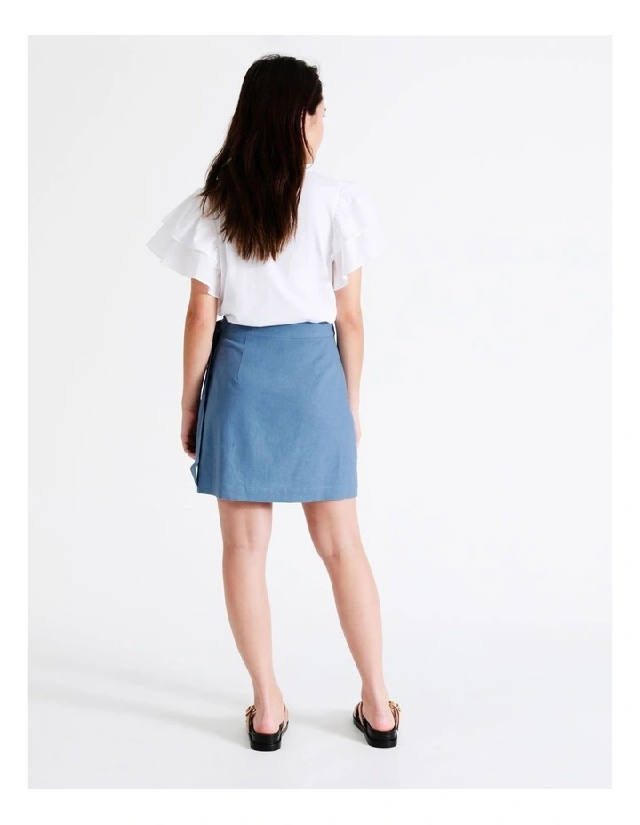 European Linen Blend Wrap Mini Skirt In Chambray 9 European Linen Blend Wrap Mini Skirt In Chambray - Image 7