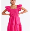 Organic Cotton Eyelet Embroidery Mini Dress In Hot Pink