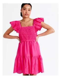 Organic Cotton Eyelet Embroidery Mini Dress In Hot Pink