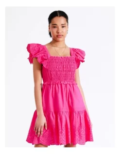 Organic Cotton Eyelet Embroidery Mini Dress In Hot Pink -Women Summer Clothing Store 935621560 3 720x928
