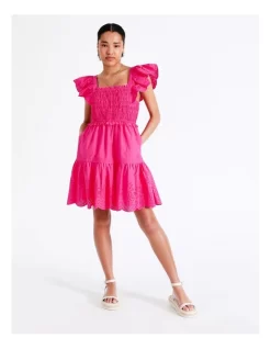 Organic Cotton Eyelet Embroidery Mini Dress In Hot Pink -Women Summer Clothing Store 935621560 5 720x928