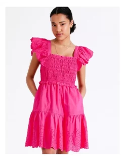 Organic Cotton Eyelet Embroidery Mini Dress In Hot Pink -Women Summer Clothing Store 935621560 6 720x928