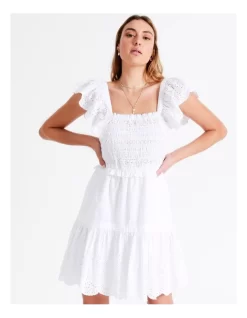 Organic Cotton Eyelet Embroidery Mini Dress In White