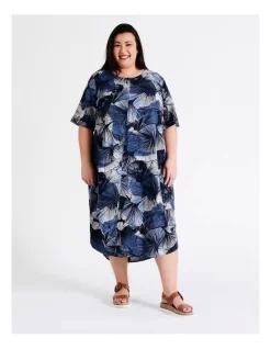 Regatta European Linen Blend Short Sleeve Asymmetrical Dress With Pocket In Blues Print