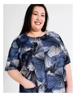 Regatta European Linen Blend Short Sleeve Asymmetrical Dress With Pocket In Blues Print -Women Summer Clothing Store 940145860 3 720x928