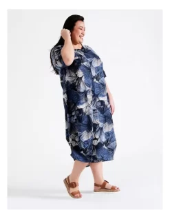 Regatta European Linen Blend Short Sleeve Asymmetrical Dress With Pocket In Blues Print -Women Summer Clothing Store 940145860 4 720x928