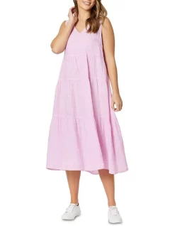 Linen Sleeveless Tiered Dress In Pink