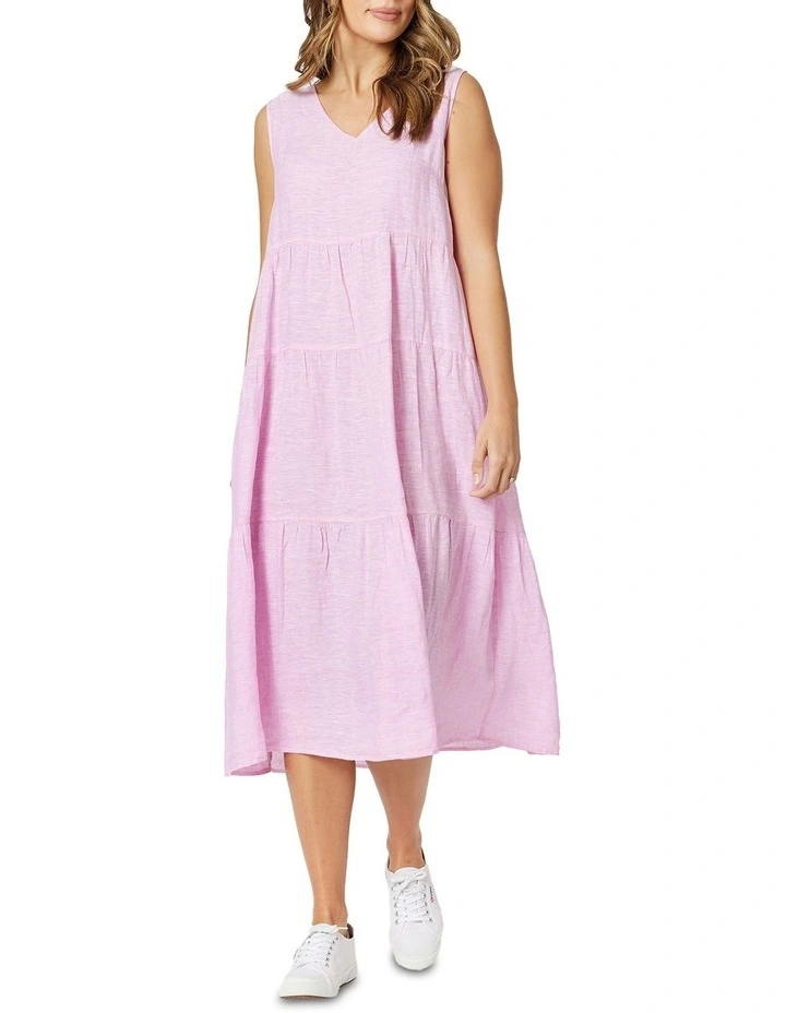 Linen Sleeveless Tiered Dress In Pink 4 Linen Sleeveless Tiered Dress In Pink - Image 2