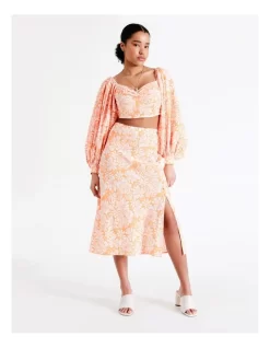 Button Detail European Linen Blend Slip Skirt In Tangerine Blossom