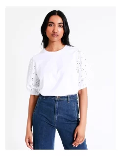 Basque Cotton Broderie Sleeve Tee In White