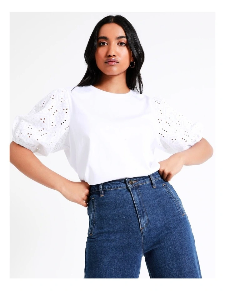 Basque Cotton Broderie Sleeve Tee In White 4 Basque Cotton Broderie Sleeve Tee In White - Image 2