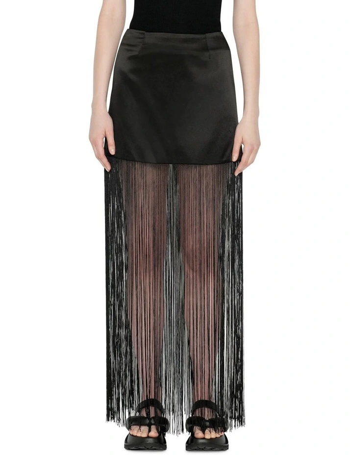 Satin Fringe Skirt In Black 5 Satin Fringe Skirt In Black - Image 3