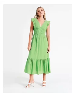 Organic Cotton Blend Smocked Midi Dress In Green