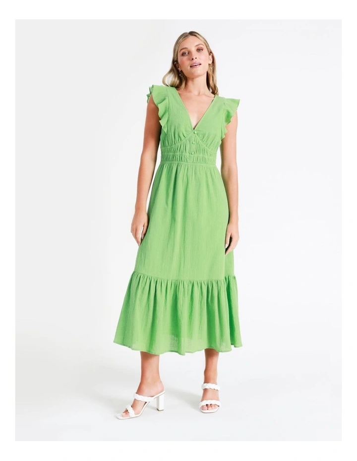 Organic Cotton Blend Smocked Midi Dress In Green 3 Organic Cotton Blend Smocked Midi Dress In Green