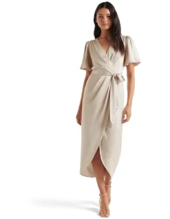 Forever New Carolina Satin Midi Dress In Beige