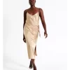 Midi Tie Front Satin Slip Dress In Champagne