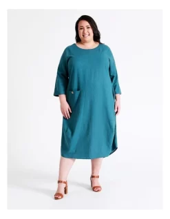 Regatta European Linen Blend 3/4 Sleeve Assymetrical Dress In Dark Teal Texture