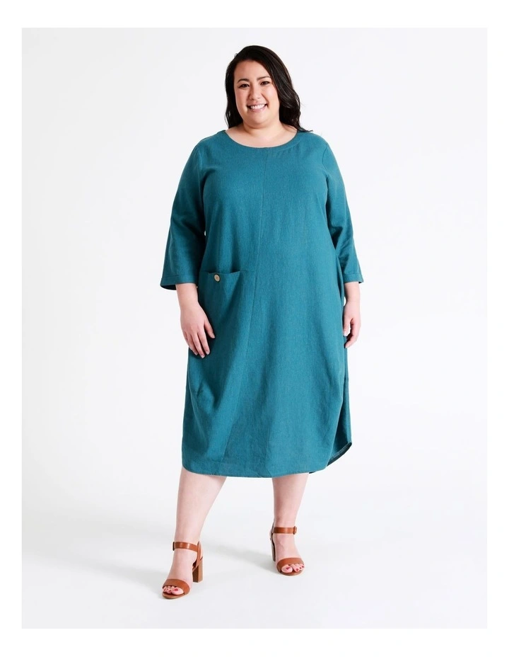 Regatta European Linen Blend 3/4 Sleeve Assymetrical Dress In Dark Teal Texture 3 Regatta European Linen Blend 3/4 Sleeve Assymetrical Dress In Dark Teal Texture
