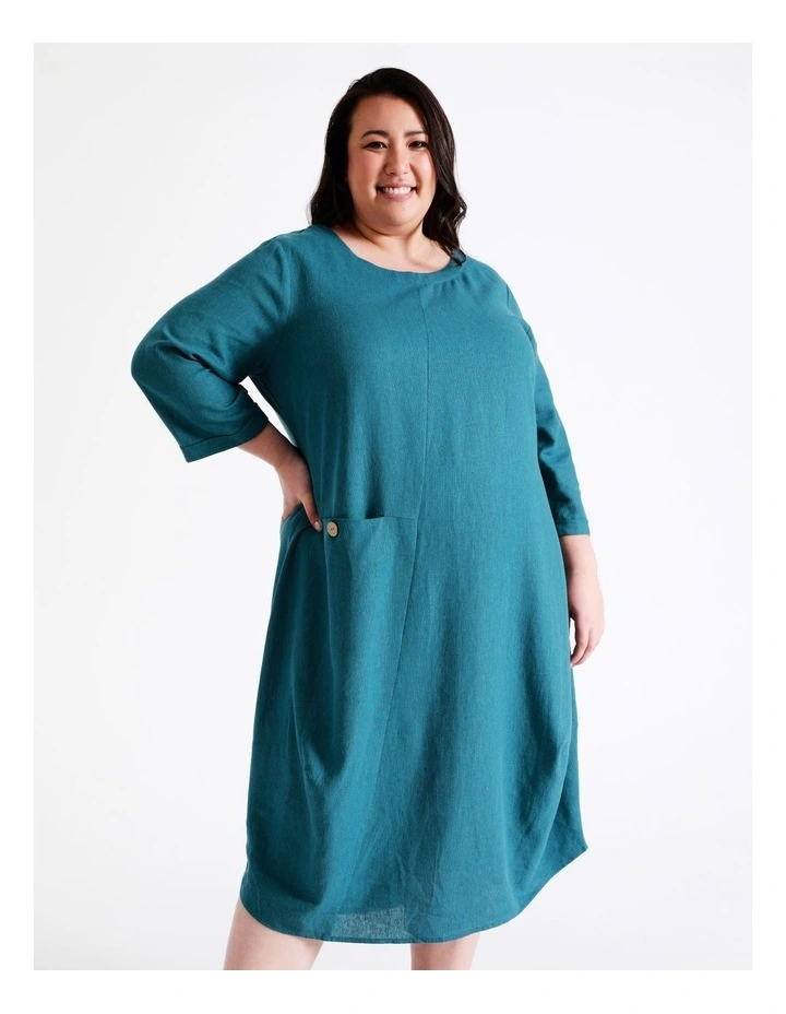 Regatta European Linen Blend 3/4 Sleeve Assymetrical Dress In Dark Teal Texture 4 Regatta European Linen Blend 3/4 Sleeve Assymetrical Dress In Dark Teal Texture - Image 2