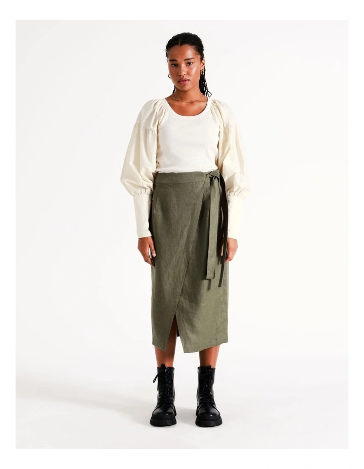 European Linen Wrap Midi Skirt In Khaki 5 European Linen Wrap Midi Skirt In Khaki - Image 3