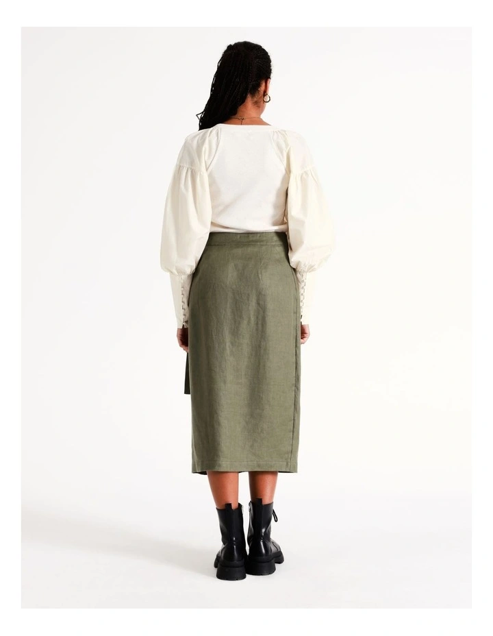 European Linen Wrap Midi Skirt In Khaki 6 European Linen Wrap Midi Skirt In Khaki - Image 4