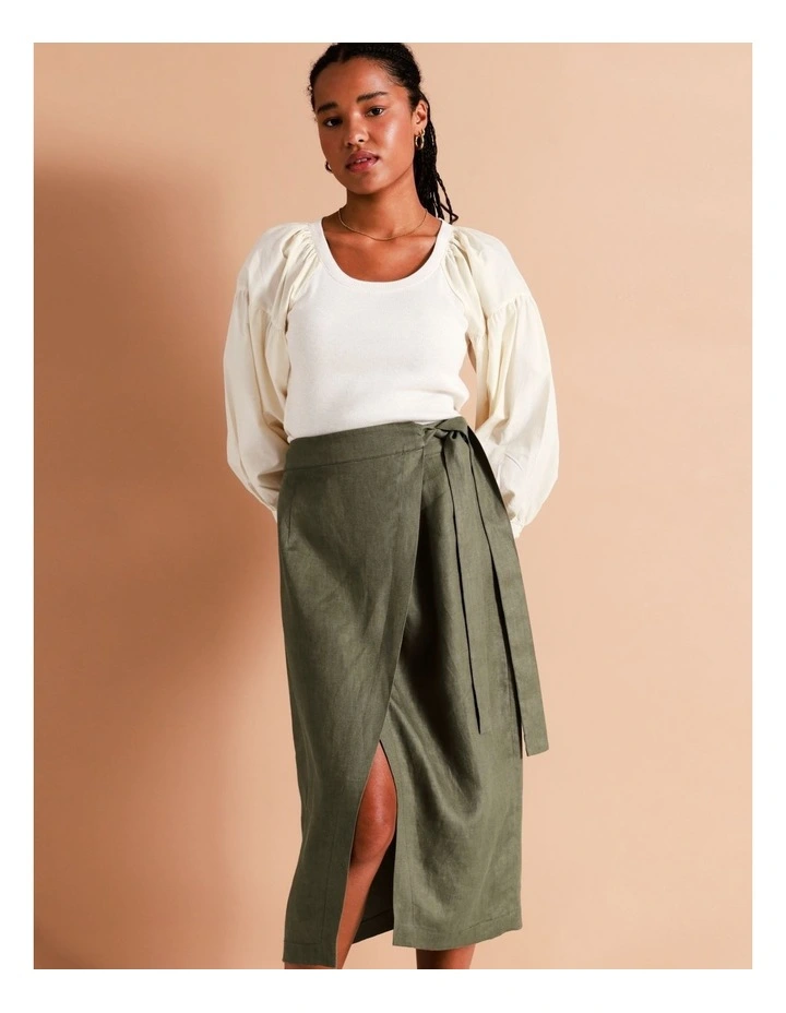 European Linen Wrap Midi Skirt In Khaki 7 European Linen Wrap Midi Skirt In Khaki - Image 5