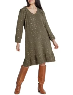 Long Sleeve Foil Spot Dress In Khaki