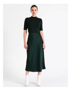 Recycled Blend Satin Midi Slip Skirt In Dark Green