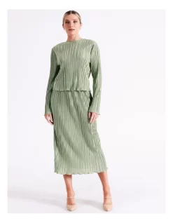 Recycled Satin Plisse Midi Skirt In Sage