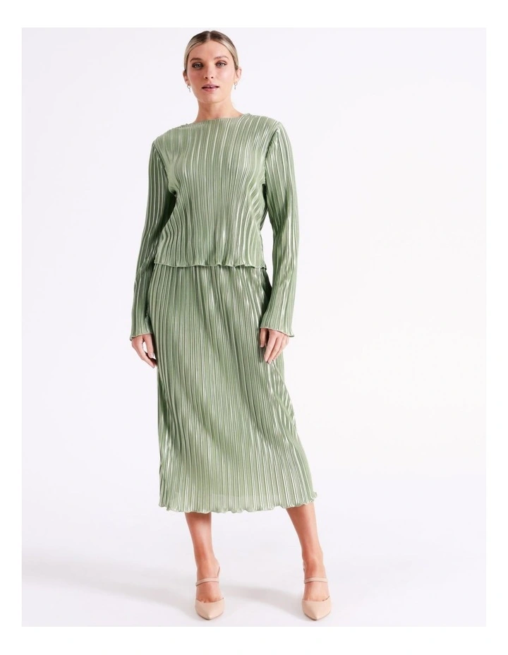 Recycled Satin Plisse Midi Skirt In Sage 3 Recycled Satin Plisse Midi Skirt In Sage