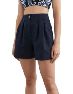 French Connection Linen Pleat Front Short In Navy