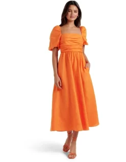 Forever New Dream Ruched Bodice Midi Dress In Orange