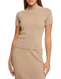 Oxford Dawn Knitted Short Sleeve Top In Beige
