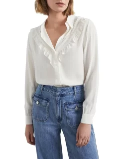 French Connection Ruffle Button Through Shirt In Cream